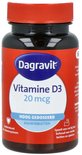 Voorkant van Dagravit Vitamine D3 kauwtabletten potje met rode dop en blauw-witte merknaam.