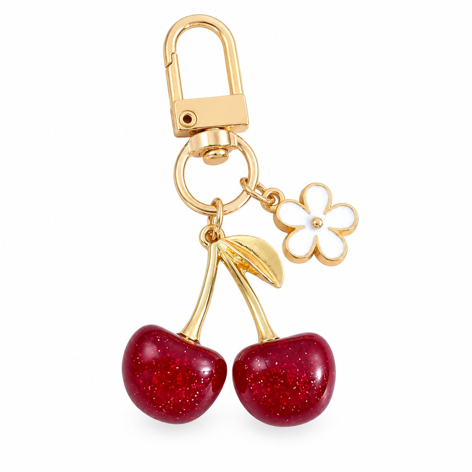 Sleutelhanger met rode glitterkersen en witte bloem, goudkleurige clip en ring, tashanger