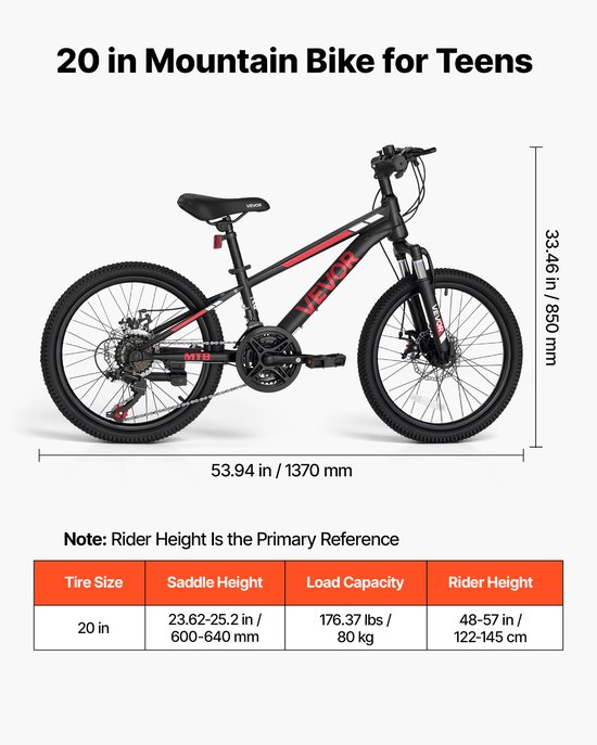 VEVOR Mountainbike 20 inch 21 Versnellingen Carbonstaal Zwart voor Recreatief Fietsen en Lichte Offroad-Tochten, 80 Kg Draagvermogen, Bel, Reflectoren en Lichtbevestiging voor Goede Zichtbaarheid — afbeelding 3