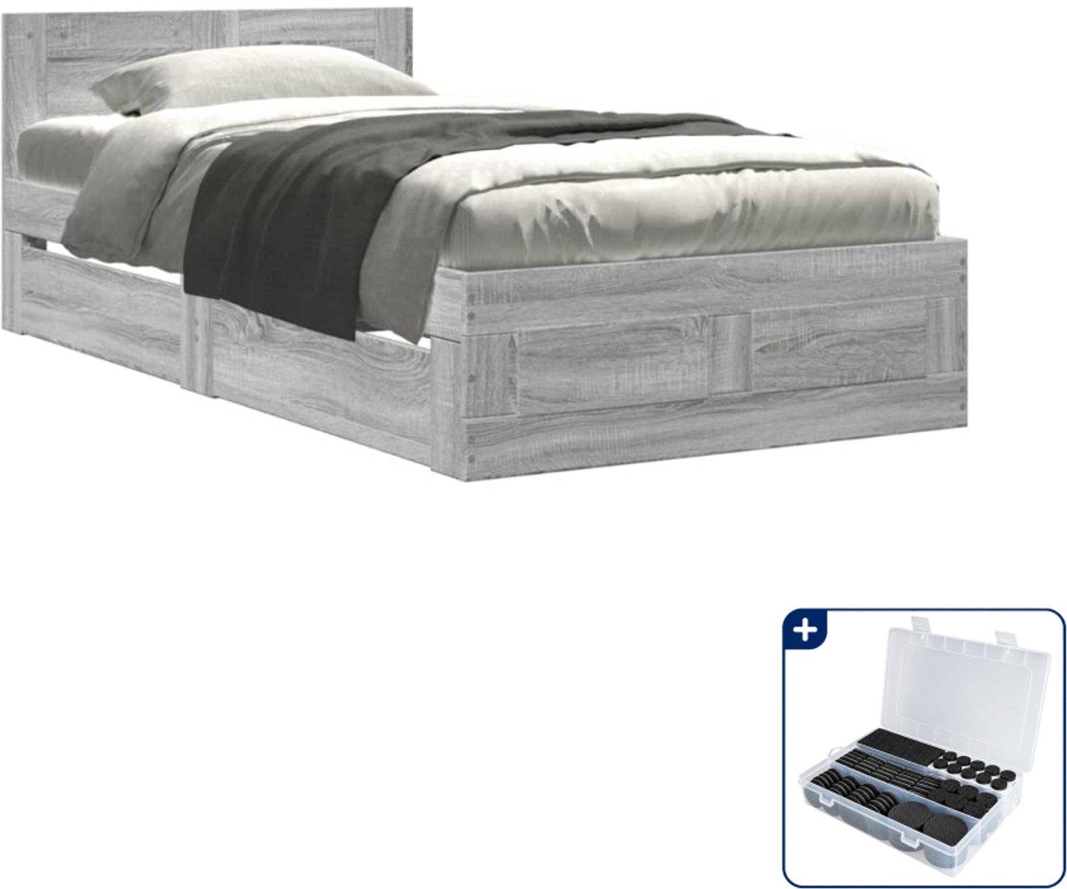 vidaXL bedframe met hoofdbord - 75 x 190 cm - bewerkt hout - grijs - Inclusief antikrasvilt 177-delig Wit