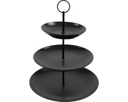 Cookinglife Etagère Zwart – Ø 16, 21 & 26 cm – 3-Laags – 32 cm Hoog – Compacte Zwarte Etagère met Modern Design – Perfect voor High Tea of Gebak – Stijlvolle Presentatie voor Elke Gelegenheid
