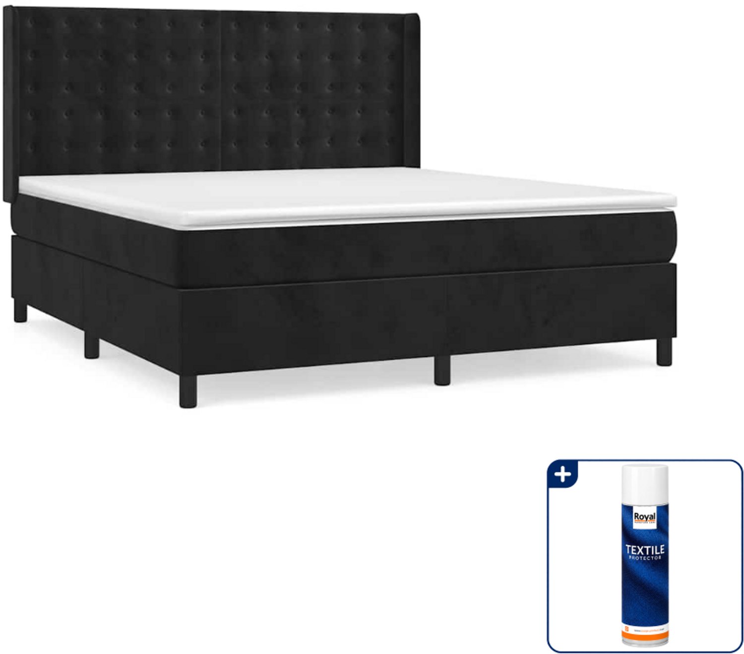 vidaXL Queensize boxspring met matras - 160 x 200 cm - fluweel - zwart - Inclusief textielbeschermer 500 ml