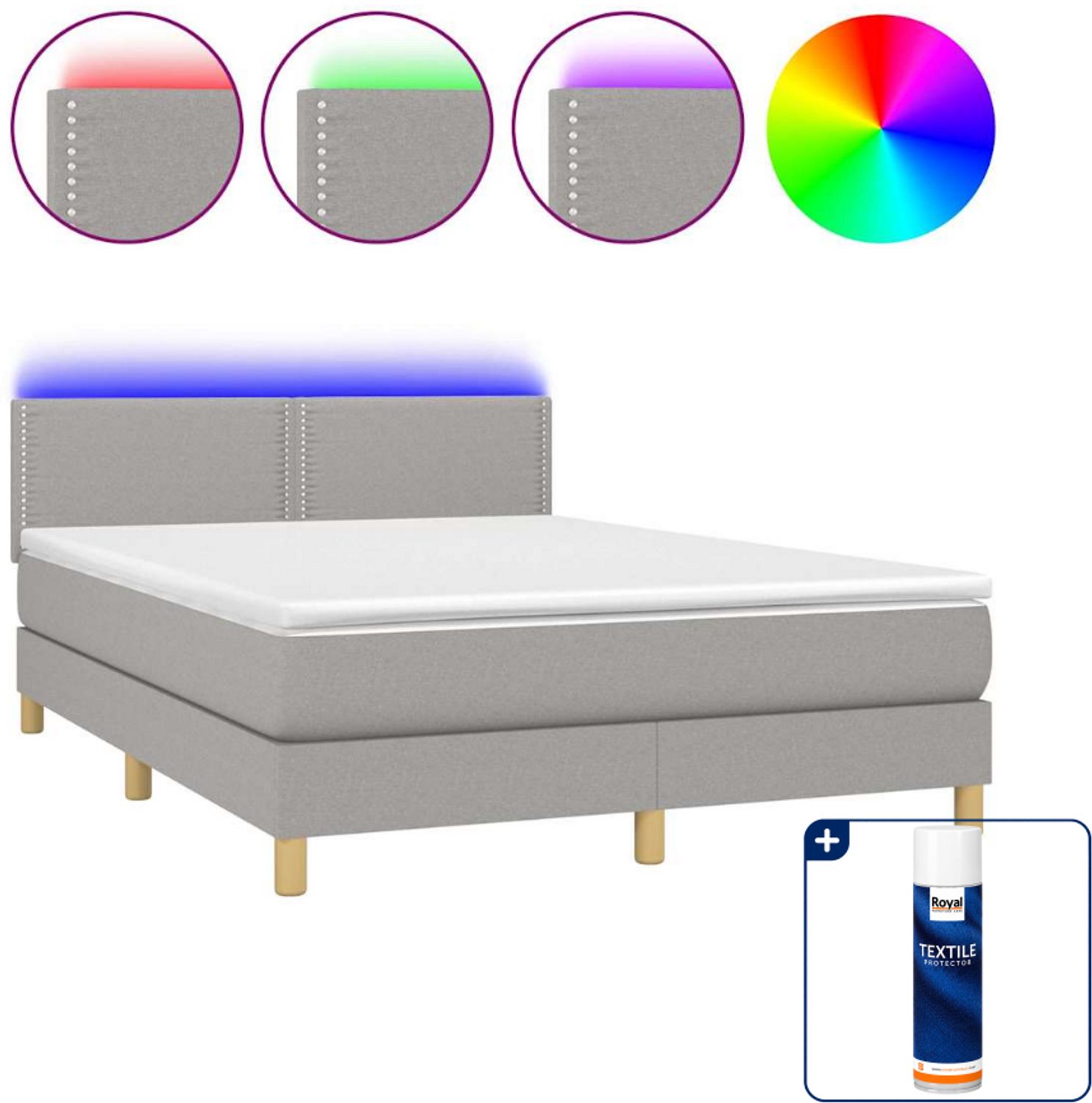 vidaXL boxspring met matras en led - 140 x 190 cm - lichtgrijs - Inclusief textielbeschermer 500 ml