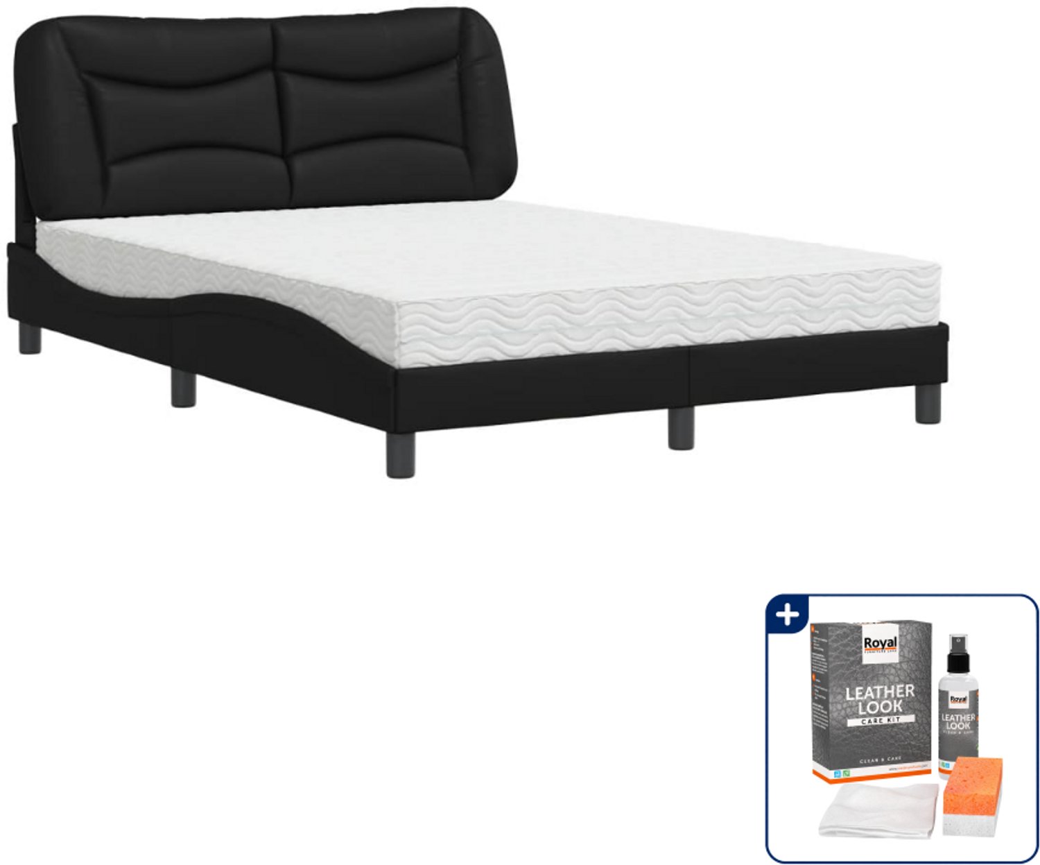 vidaXL Hvar bed met matras - 140 x 190 cm - zwart - Inclusief onderhoudsset voor kunstleer 150 ml Bruin