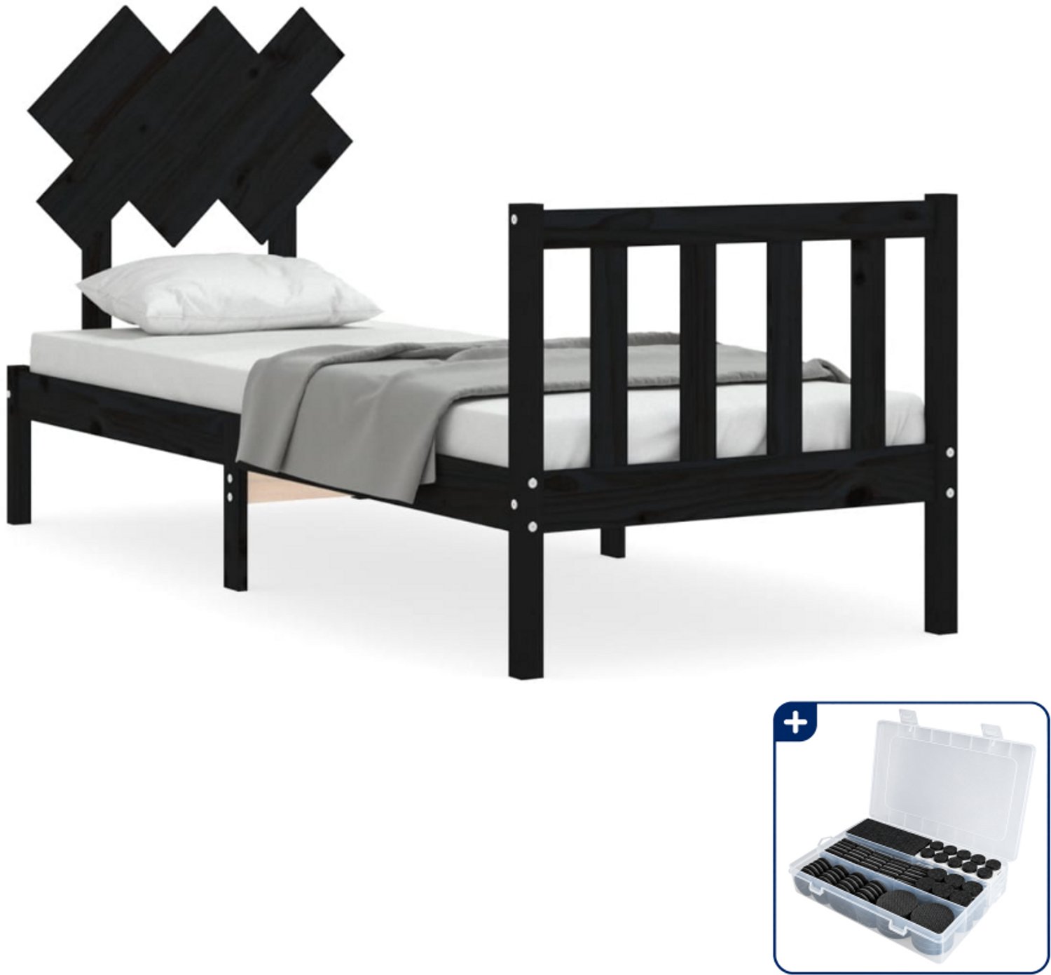 vidaXL bedframe met hoofdbord - 75 x 190 cm - massief grenenhout - zwart - Inclusief antikrasvilt 177-delig