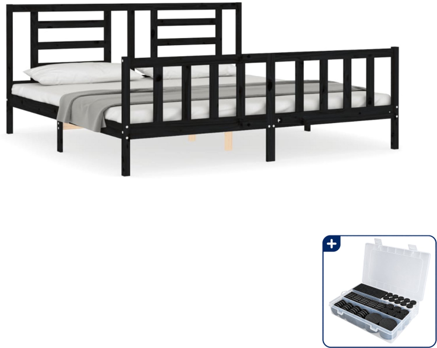 vidaXL bedframe met hoofdbord - 200 x 200 cm - massief grenenhout - zwart - Inclusief antikrasvilt 177-delig
