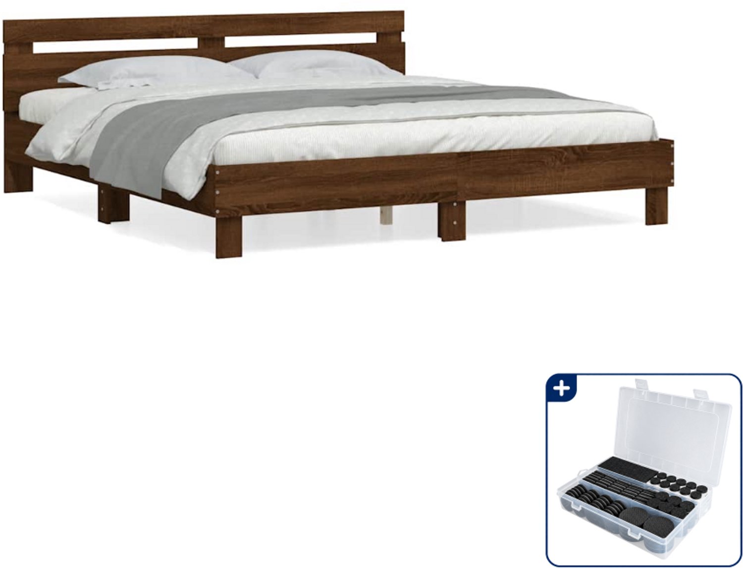 vidaXL bedframe - 200 x 200 cm - bewerkt hout - bruineiken - Inclusief antikrasvilt 177-delig Grijs