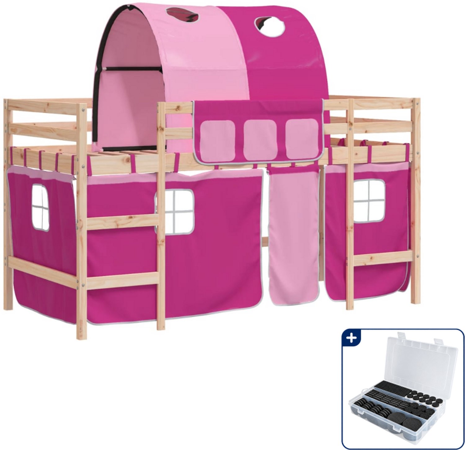 vidaXL kinderhoogslaper met tunnel - 80 x 200 cm - grenenhout - roze - Inclusief antikrasvilt 177-delig Wit