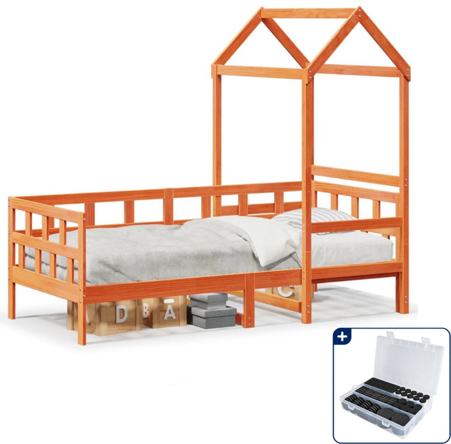 vidaXL kinderbed met huisje - 90 x 200 cm - massief grenenhout - wasbruin - Inclusief antikrasvilt 177-delig