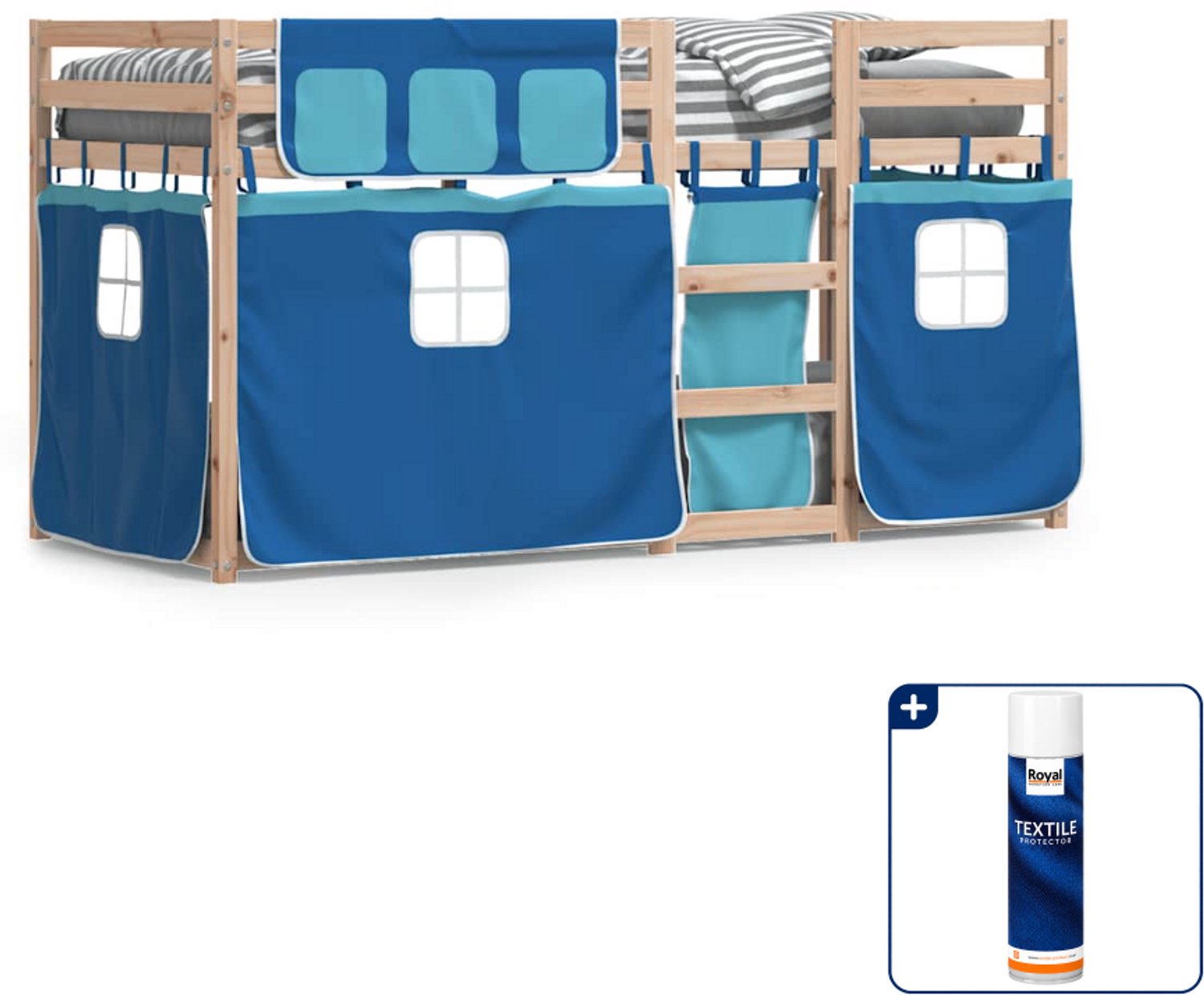 vidaXL stapelbed met gordijnen - 80 x 200 cm - massief grenenhout - blauw - Inclusief textielbeschermer 500 ml