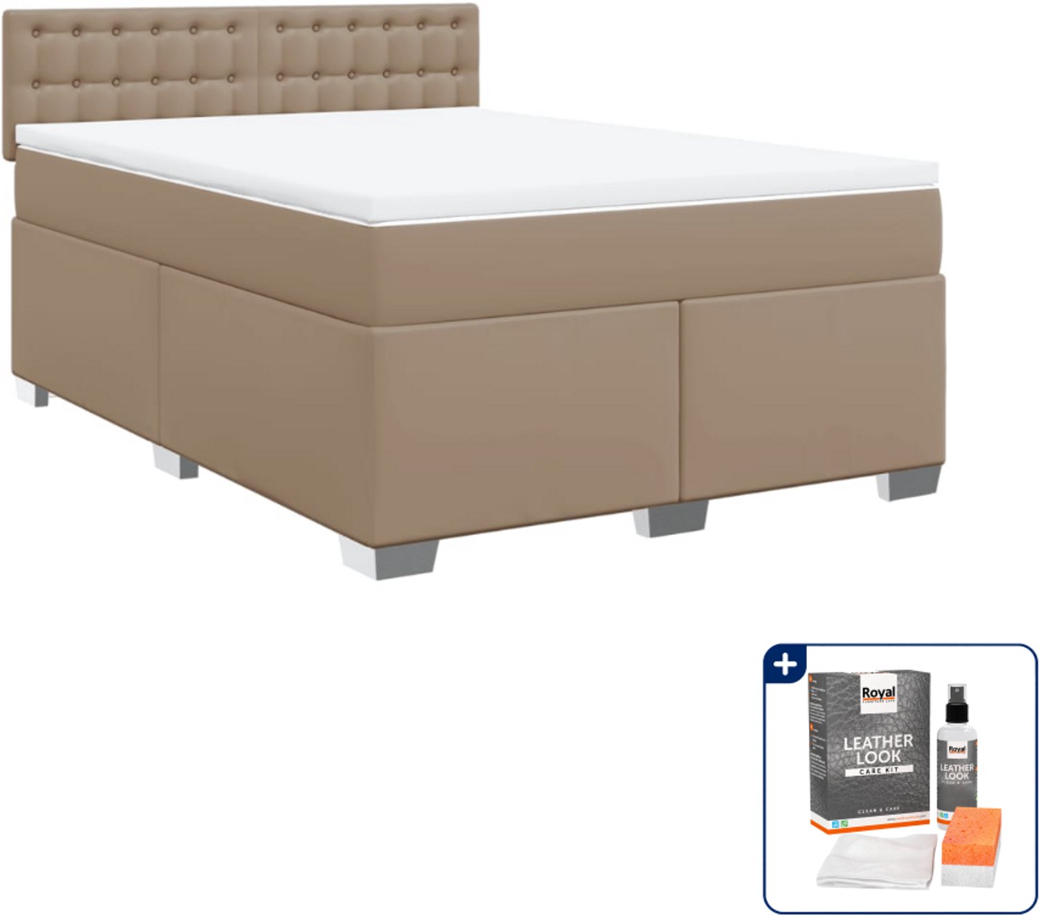 vidaXL boxspring met matras - 140 x 190 cm - kunstleer - cappuccino - Inclusief onderhoudsset voor kunstleer 150 ml Bruin