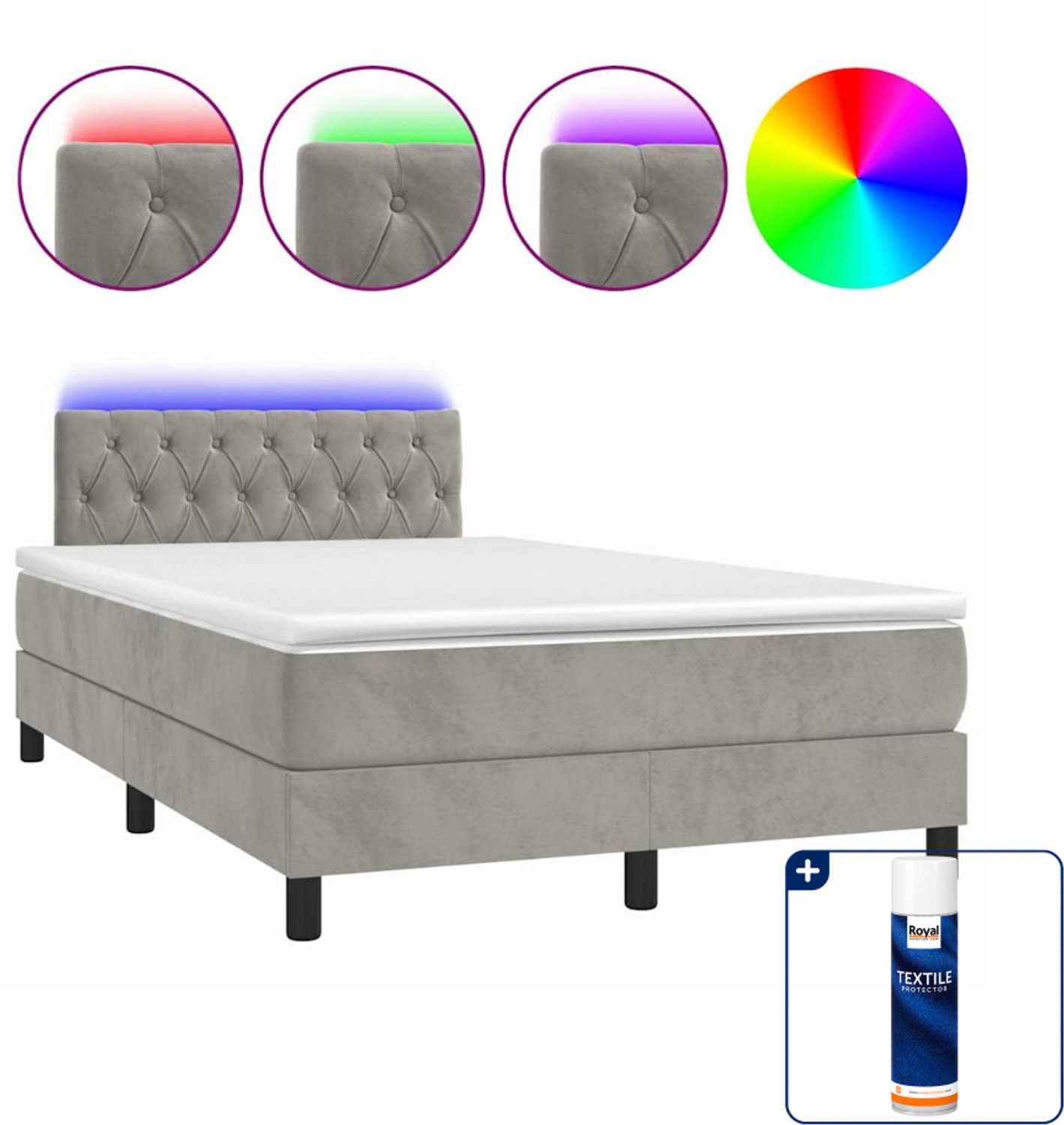 vidaXL boxspring met matras en LED - 120 x 200 cm - fluweel - lichtgrijs - Inclusief textielbeschermer 500 ml