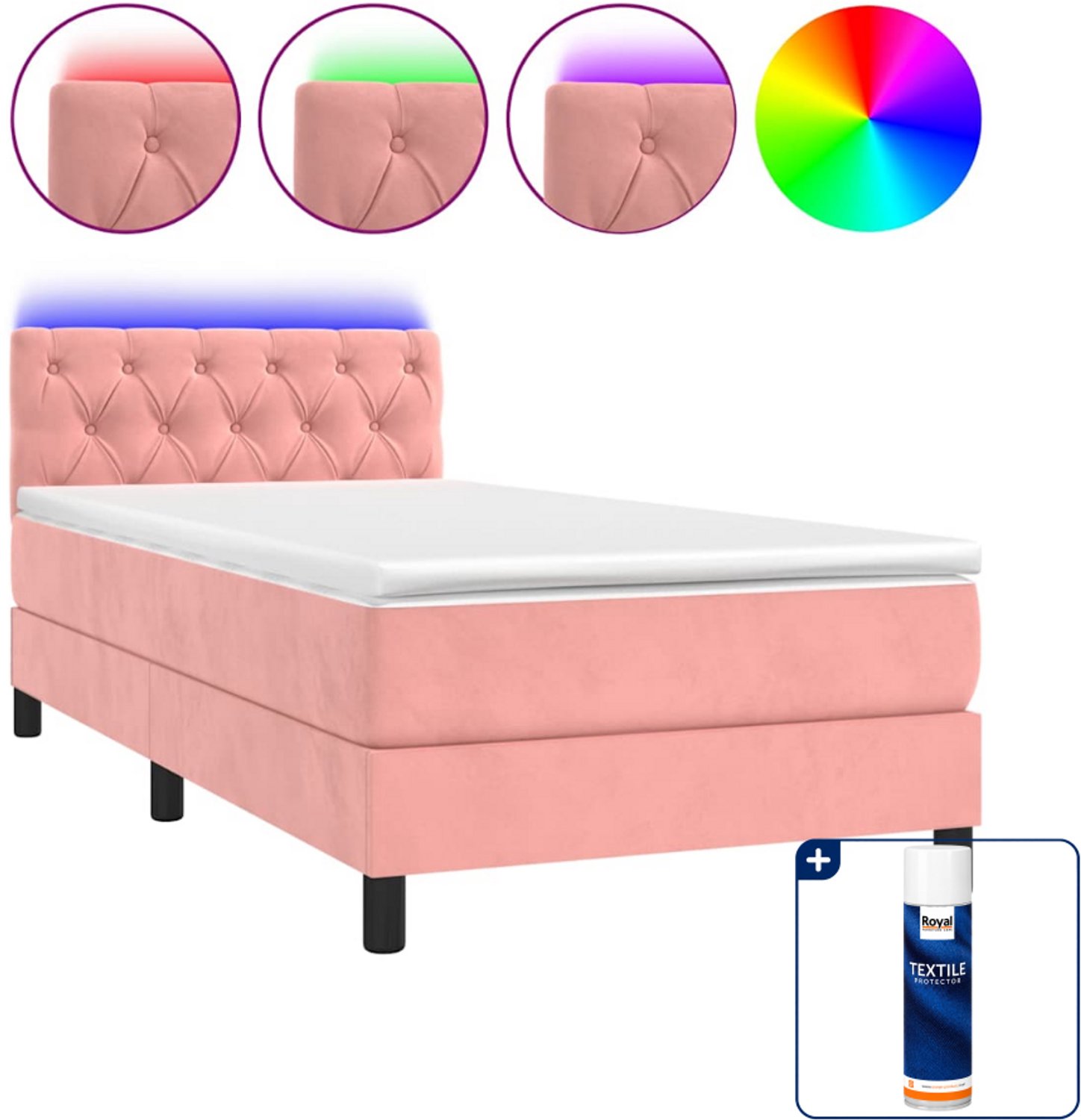 vidaXL boxspring met matras en led - 80 x 200 cm - fluweel - roze - Inclusief textielbeschermer 500 ml