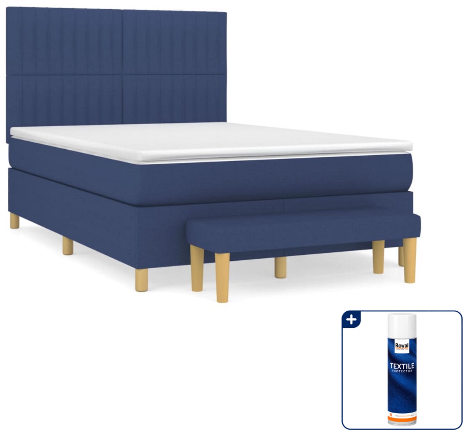vidaXL Boxspring met matras en bankje - 140 x 190 cm - blauw - Inclusief textielbeschermer 500 ml