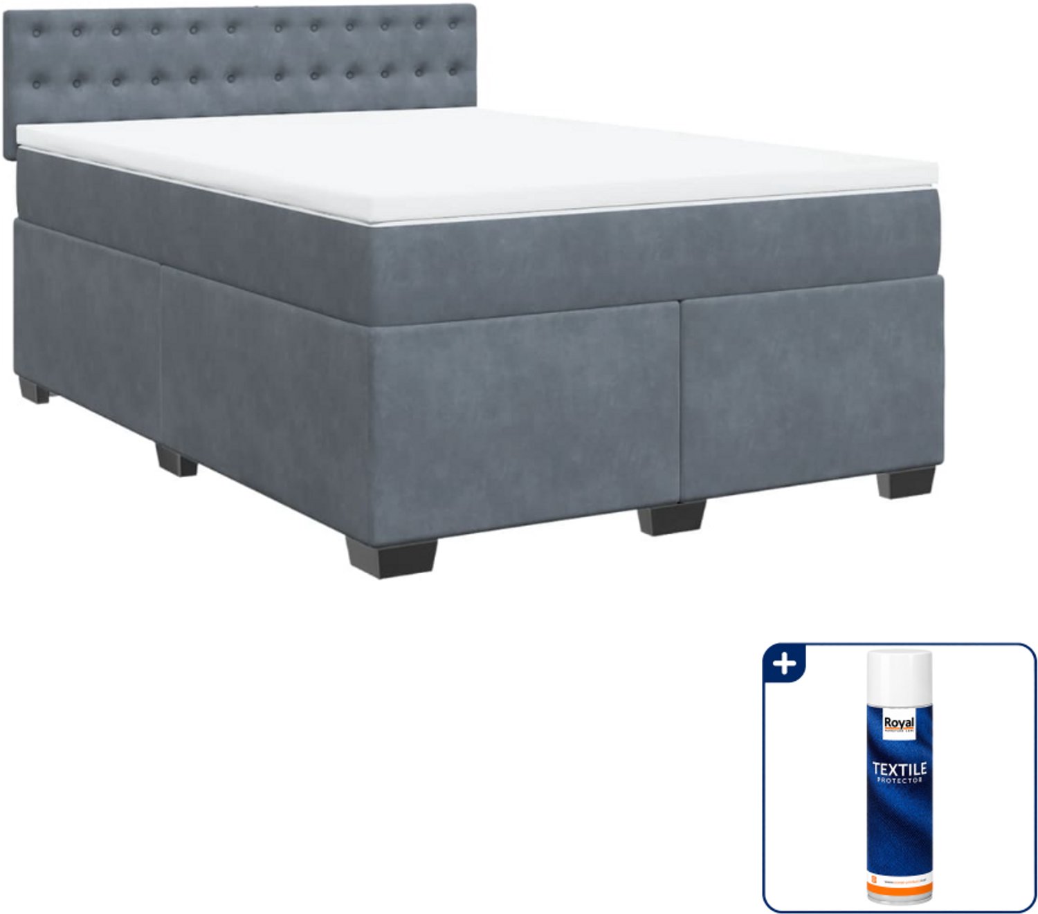 vidaXL boxspring met matras - 140 x 190 cm - fluweel - donkergrijs - Inclusief textielbeschermer 500 ml