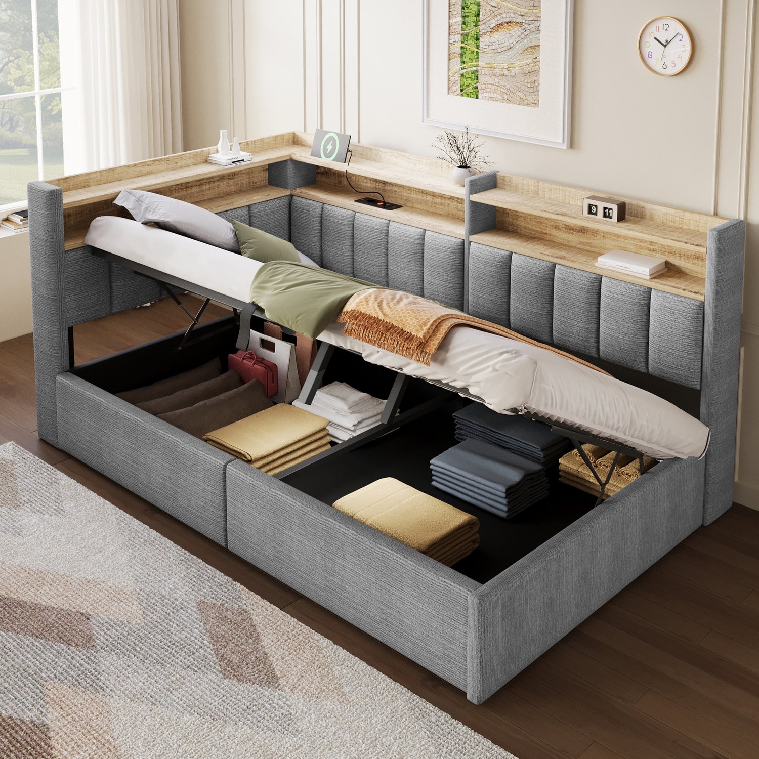 Zubaliya Bedframe - 90 x 200 cm - Grijs - MDF, fluweel - Hydraulische opbergruimte - LED-verlichting - USB-aansluiting