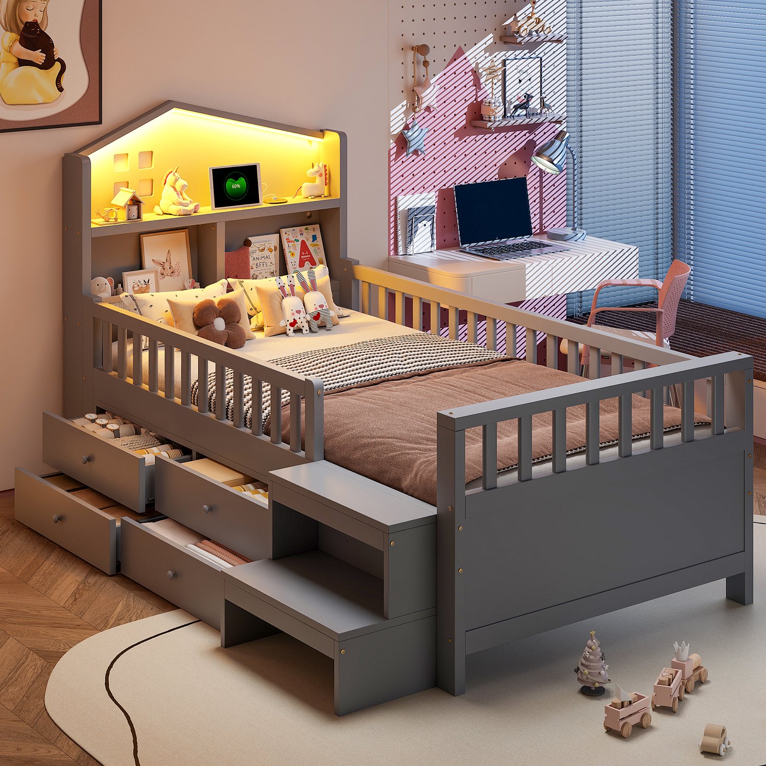 Zubaliya Bedframe - 90 x 200 cm - Grijs - massief hout - LED-verlichting - USB-aansluiting - USB-C