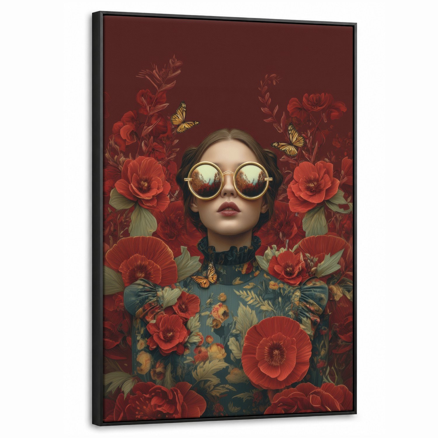 Canvas Schilderij met Baklijst 60x90cm - Bloemen - Dieprood - Zonnebril - Vrouw - Muurdecoratie woonkamer - Slaapkamer decoratie - Kamer accessoires - Schilderijen op canvas met lijst