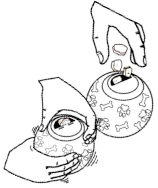 Zwart-wit lijntekening van handen die kleine koekjes in een ronde snackbal met bot- en pootafdrukken stoppen.