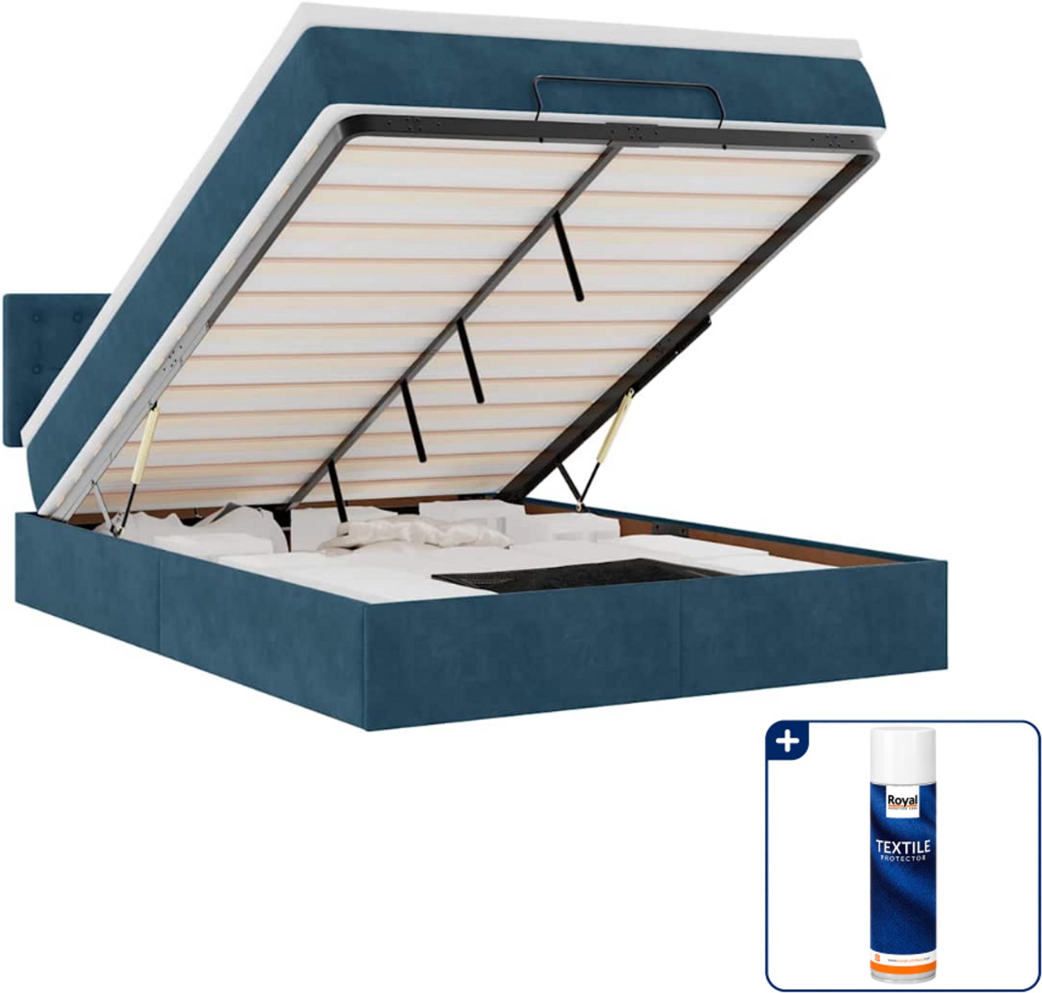 vidaXL Ottoman bed - Small double - 140 x 200 cm - fluweel - donkerblauw - Inclusief textielbeschermer 500 ml Zwart