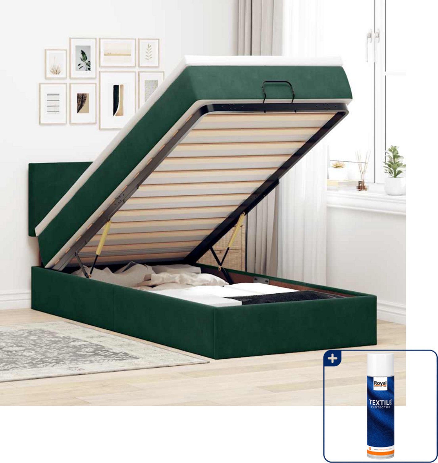 vidaXL ottoman bed met matras - 90 x 190 cm - fluweel - donkergroen - Inclusief textielbeschermer 500 ml Zwart