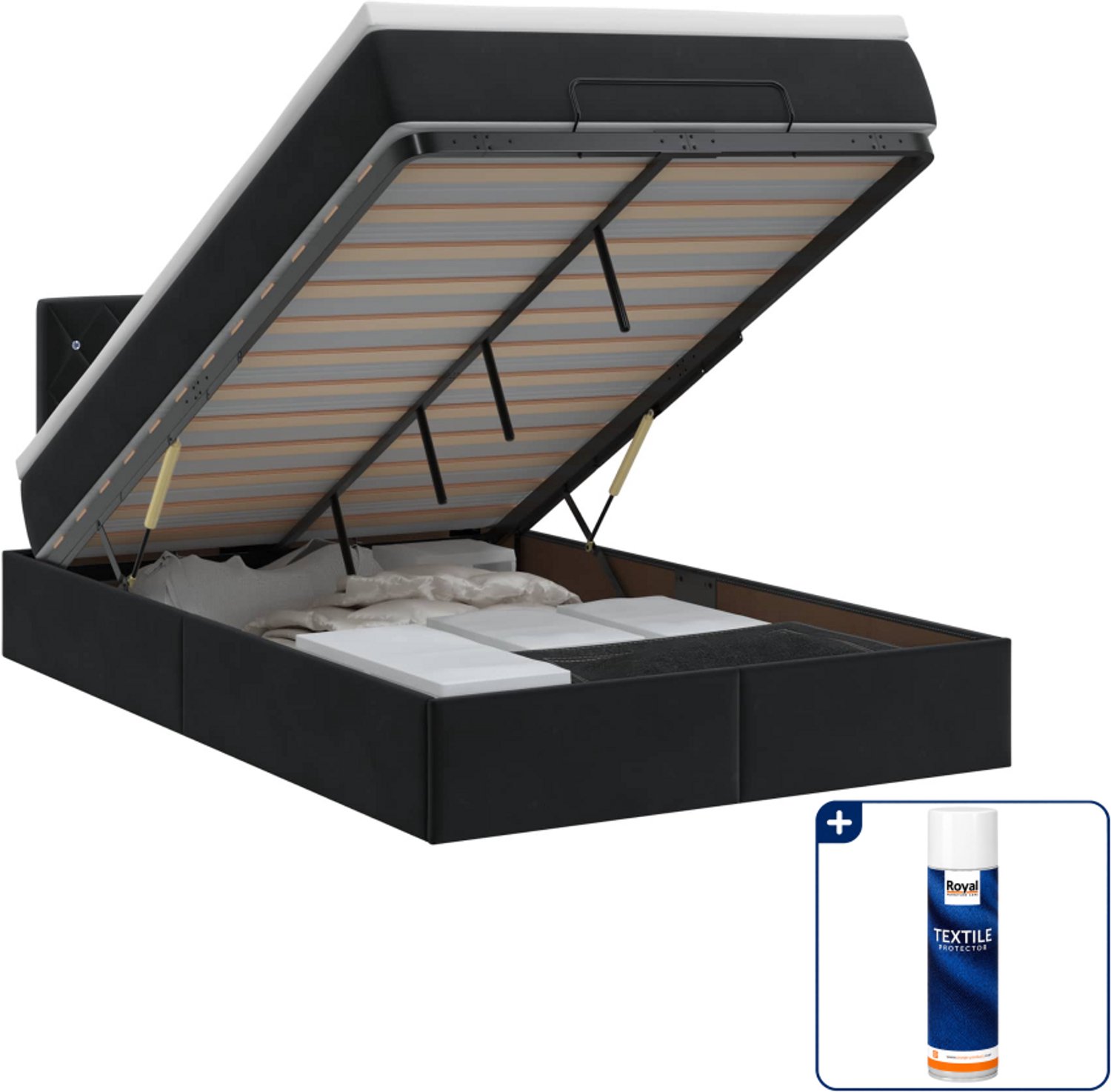 vidaXL ottoman bed met matras - 120 x 200 cm - fluweel - zwart - Inclusief textielbeschermer 500 ml