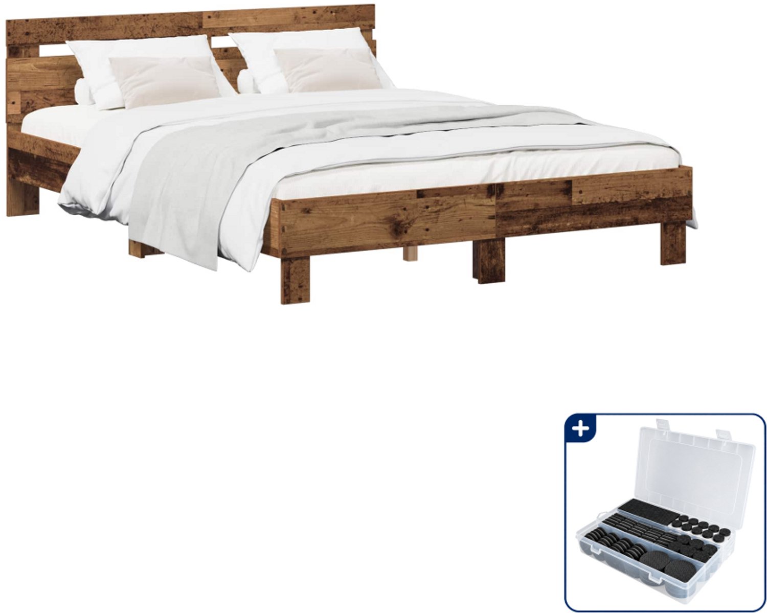 vidaXL bedframe - 135 x 190 cm - bewerkt hout - oud hout - Inclusief antikrasvilt 177-delig Bruin