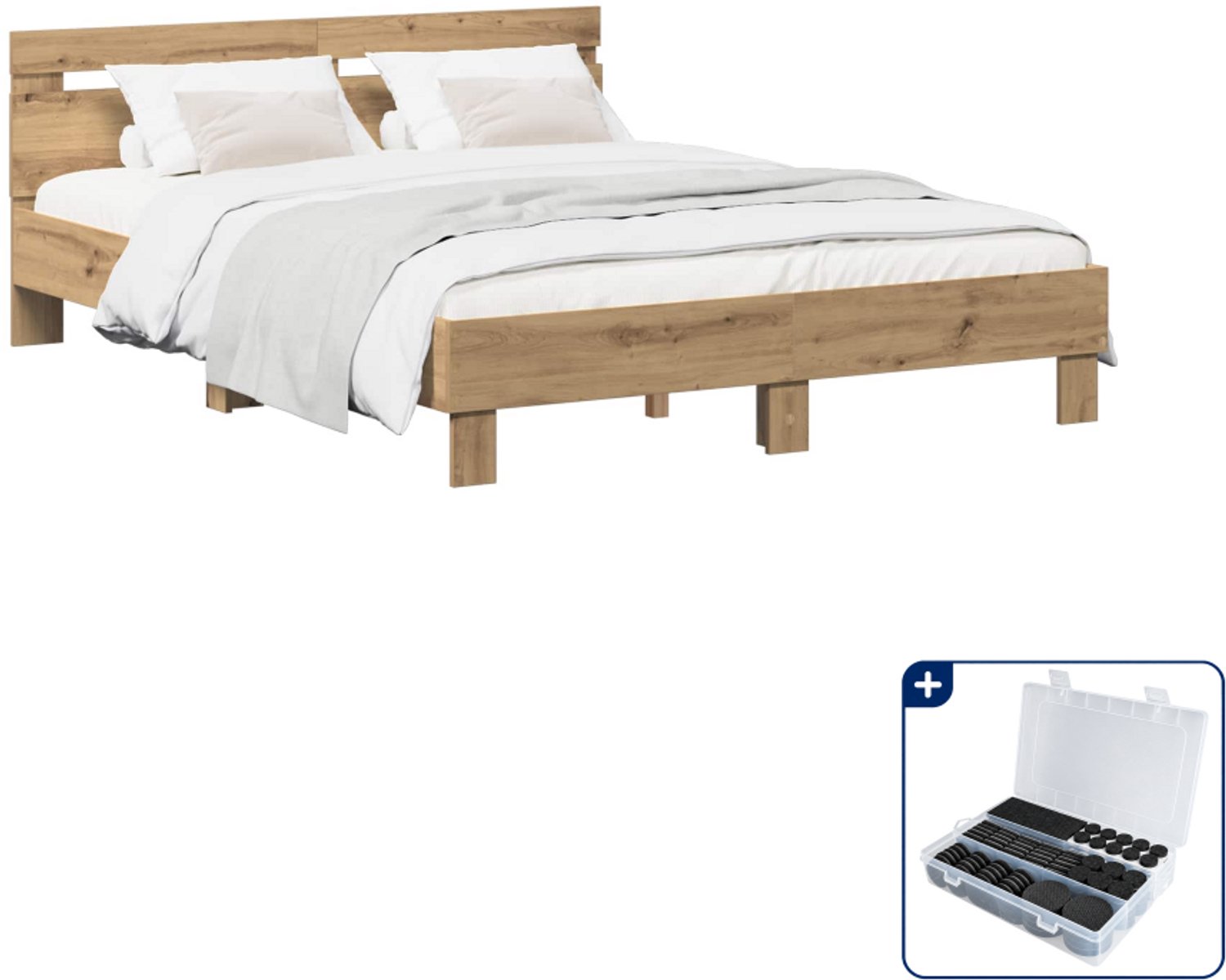 vidaXL bedframe - 135 x 190 cm - bewerkt hout - artisanaal eiken - Inclusief antikrasvilt 177-delig Bruin