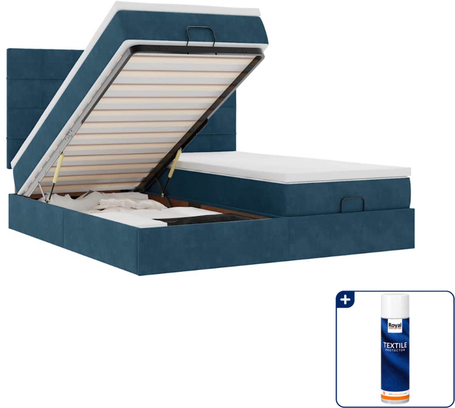 vidaXL Queensize ottoman bed met matras en led - 160 x 200 cm - blauw - Inclusief textielbeschermer 500 ml