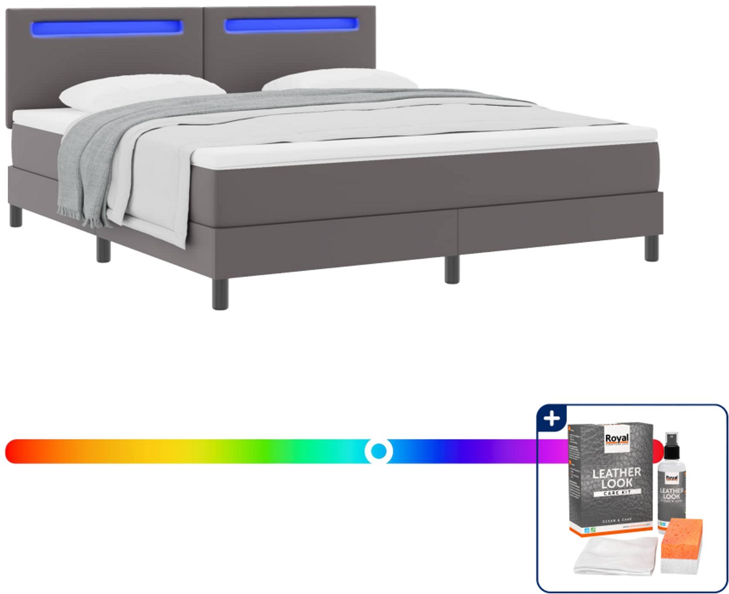 vidaXL Kingsize boxspringbed met matras - 180 x 200 cm - grijs - Inclusief onderhoudsset voor kunstleer 150 ml