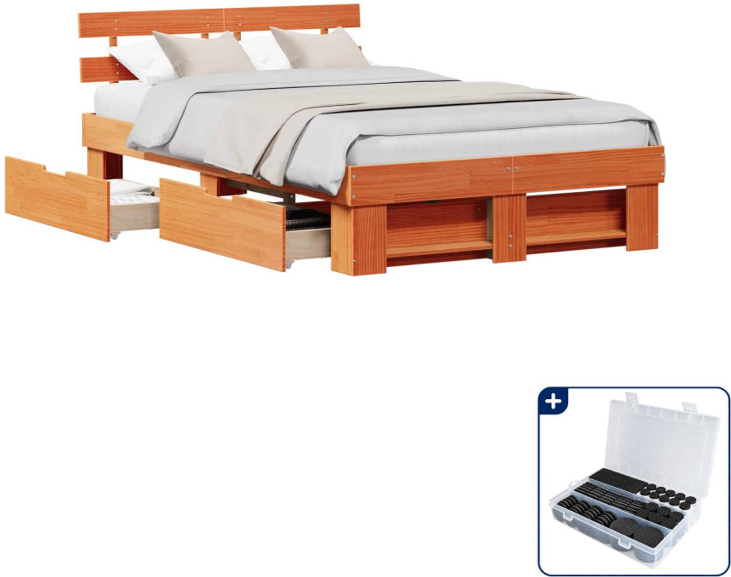 vidaXL bedframe met lade - 120 x 190 cm - massief grenenhout - wasbruin - Inclusief antikrasvilt 177-delig Crème