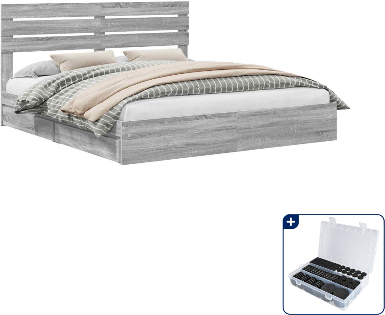 vidaXL bedframe - 200 x 200 cm - bewerkt hout - grijs sonoma - Inclusief antikrasvilt 177-delig