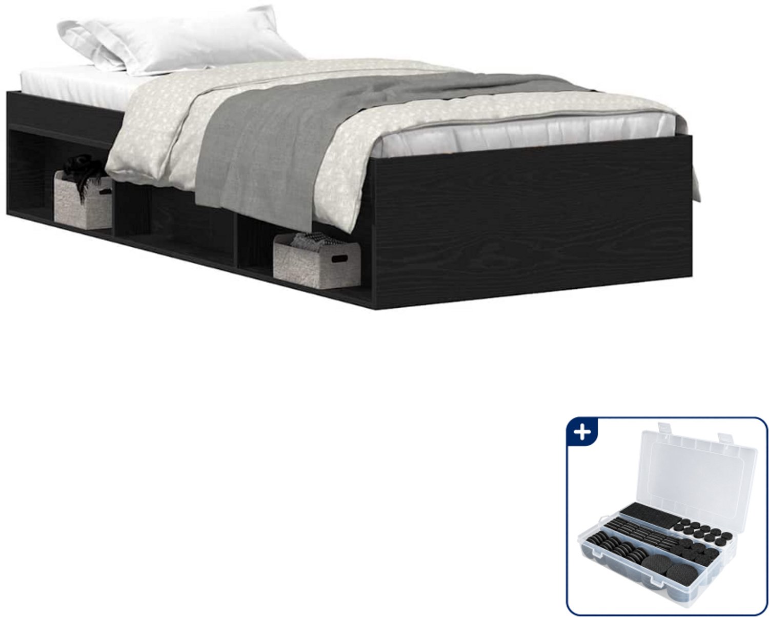 vidaXL bedframe 90 x 190 cm - bewerkt hout - zwart eikenkleurig - Inclusief antikrasvilt 177-delig Bruin
