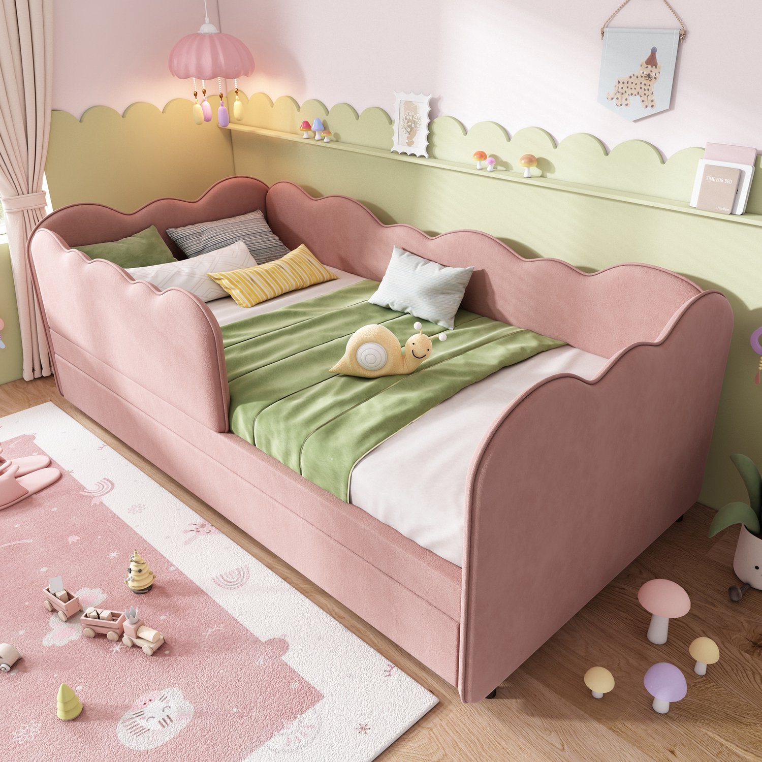 Maisentiel Roze gestoffeerd dagbed met uitschuifbed en lattenbodem - 90 x 190 cm