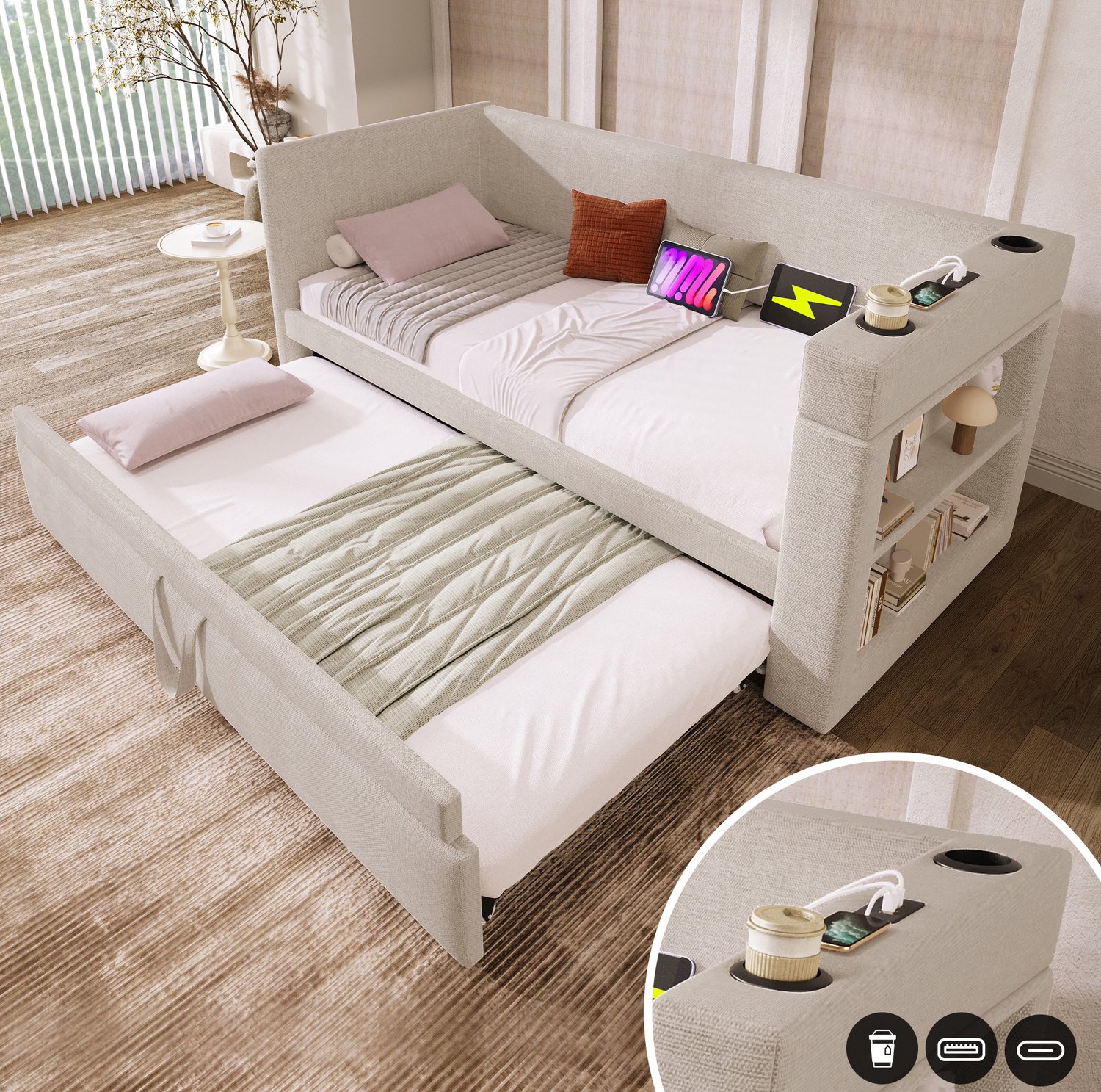 Maisentiel Beige slaapbank met uitschuifbed 90 x 190 cm, USB-C en bekerhouders