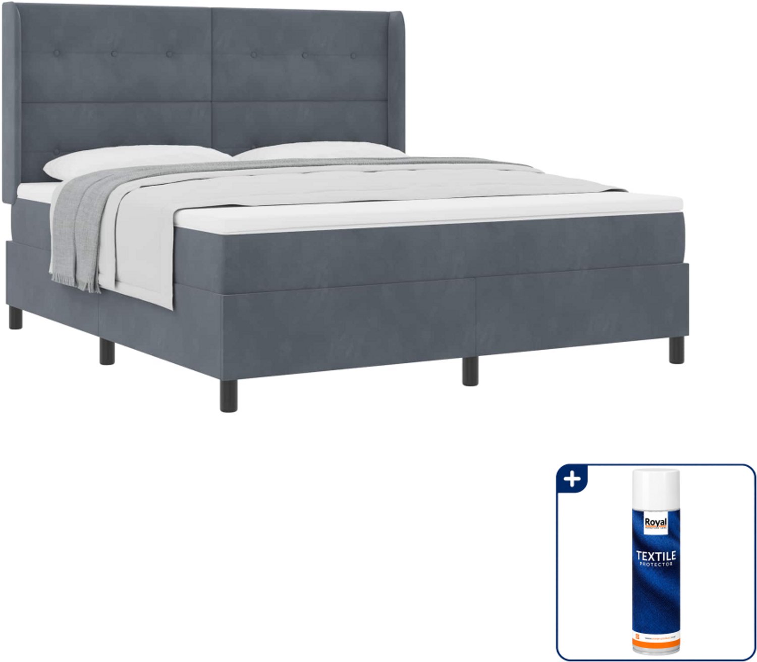 vidaXL Kingsize boxspringbed - 180 x 200 cm - fluweel - donkergrijs - Inclusief textielbeschermer 500 ml