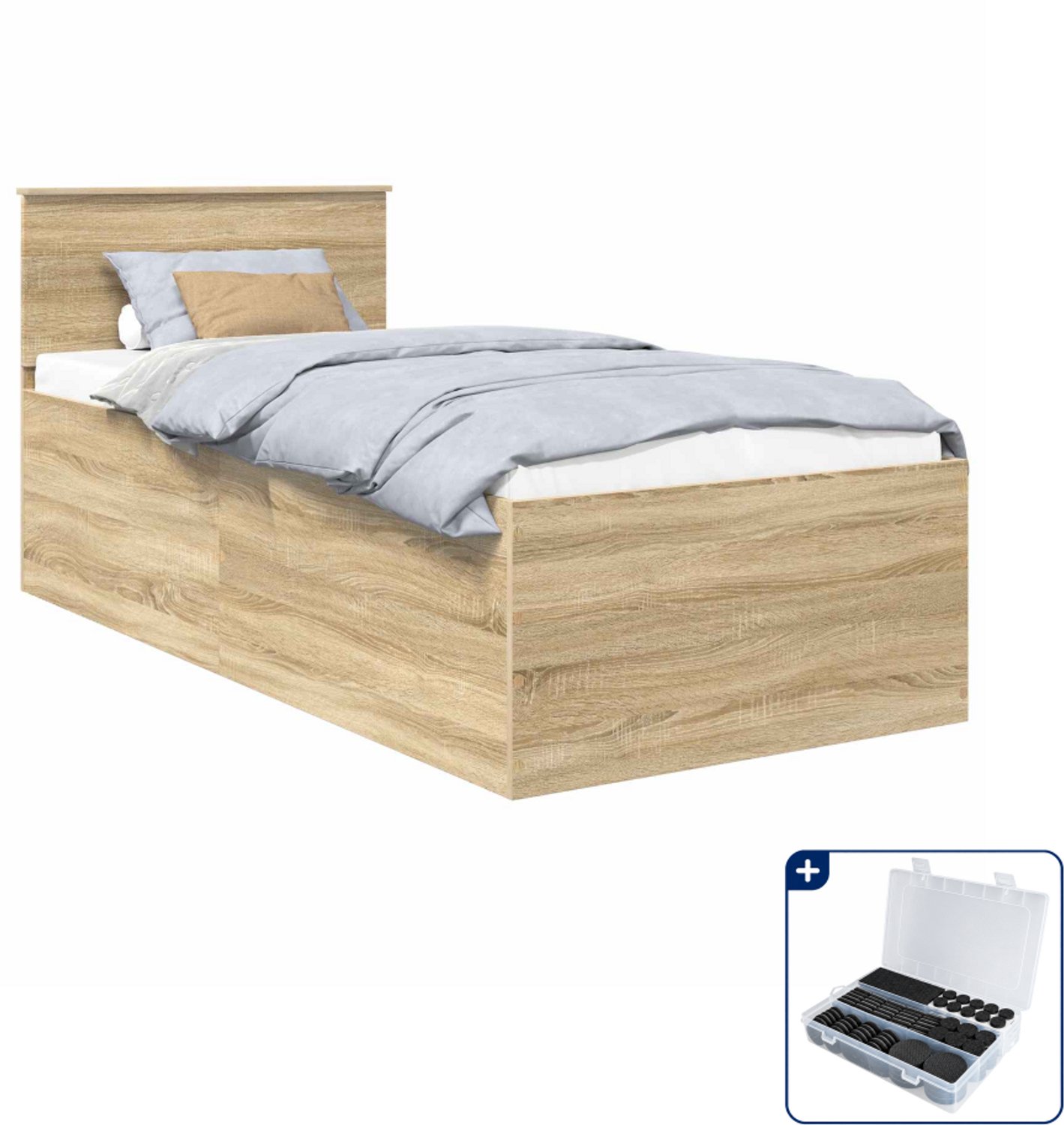 vidaXL bedframe 75 x 190 cm - bewerkt hout - sonoma eiken - Inclusief antikrasvilt 177-delig Grijs