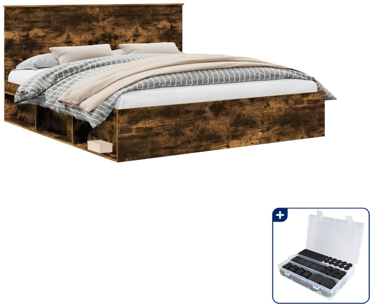 vidaXL bedframe - Kingsize - 180 x 200 cm - gerookt eiken - Inclusief antikrasvilt 177-delig Bruin