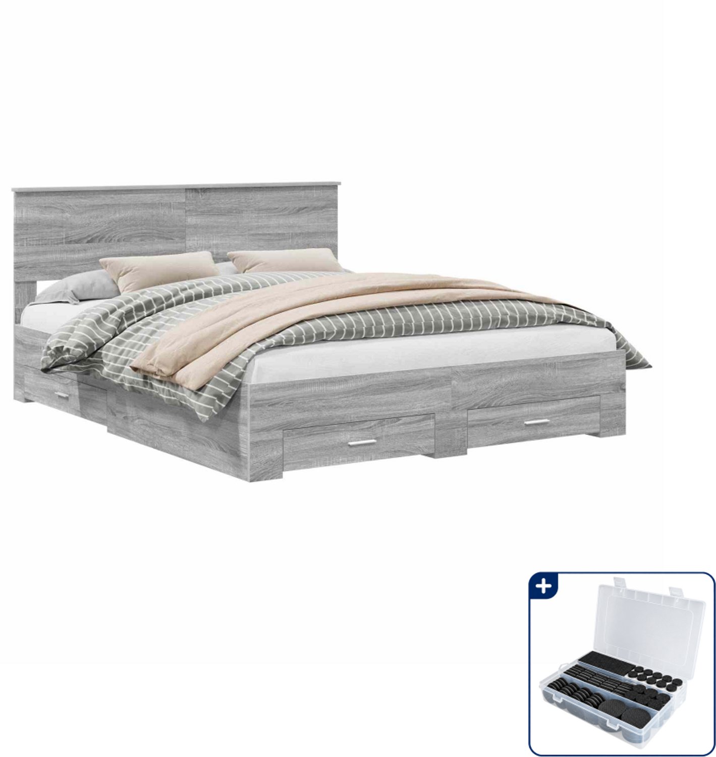 vidaXL Queensize bedframe met lade - 160 x 200 cm - bewerkt hout - grijs sonoma - Inclusief antikrasvilt 177-delig