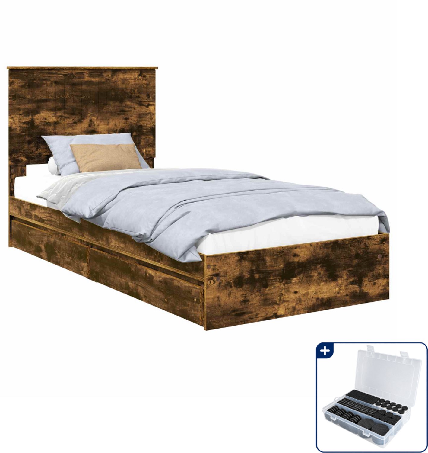 vidaXL bed met lade - 90 x 190 cm - bewerkt hout - gerookt eiken - Inclusief antikrasvilt 177-delig Grijs