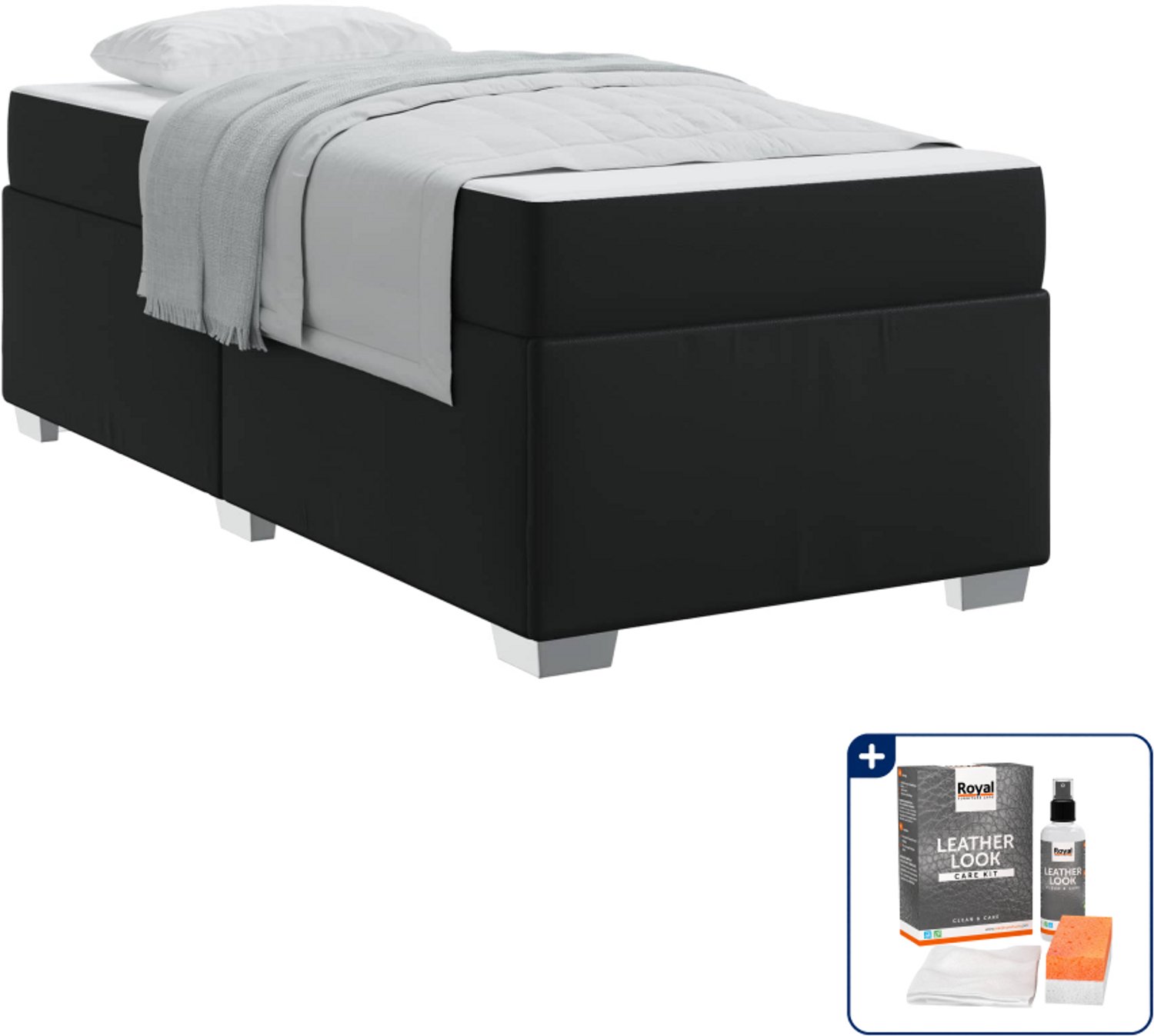 vidaXL bed met matras - 80 x 200 cm - bewerkt hout - zwart - Inclusief onderhoudsset voor kunstleer 150 ml