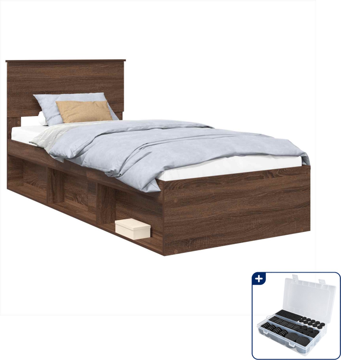 vidaXL bedframe met hoofdeinde - 75 x 190 cm - bewerkt hout - bruin eiken - Inclusief antikrasvilt 177-delig