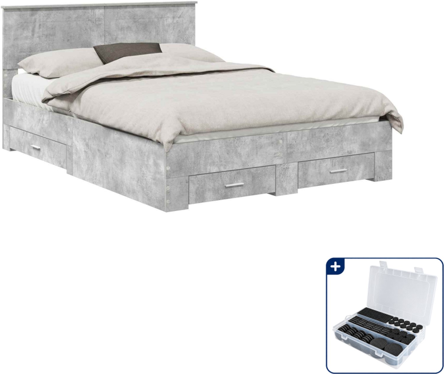 vidaXL Queensize bedframe - 160 x 200 cm - bewerkt hout - beton grijs - Inclusief antikrasvilt 177-delig