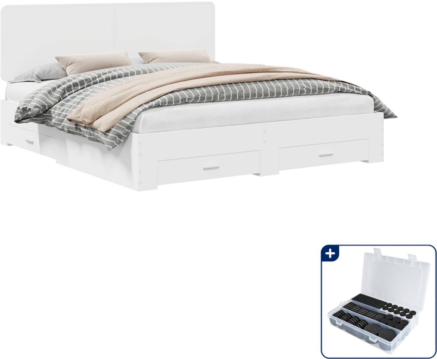 vidaXL Kingsize bedframe met lade - 180 x 200 cm - bewerkt hout - wit - Inclusief antikrasvilt 177-delig