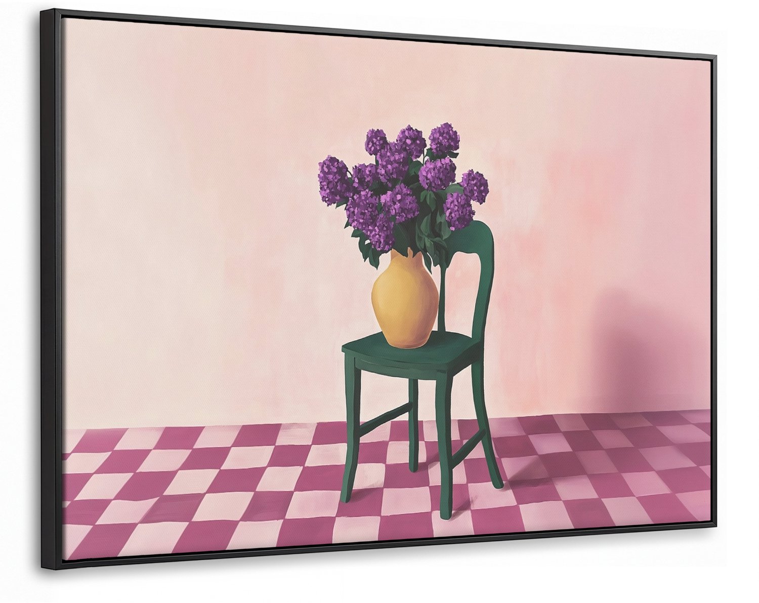 Canvas Schilderij met Baklijst XXL Canvas Schilderij met Baklijst 120x80cm - Stoel - Vaas - Bloemen - Geblokt - Muurdecoratie woonkamer - Slaapkamer decoratie - Kamer accessoires - Schilderijen op canvas met lijst groot