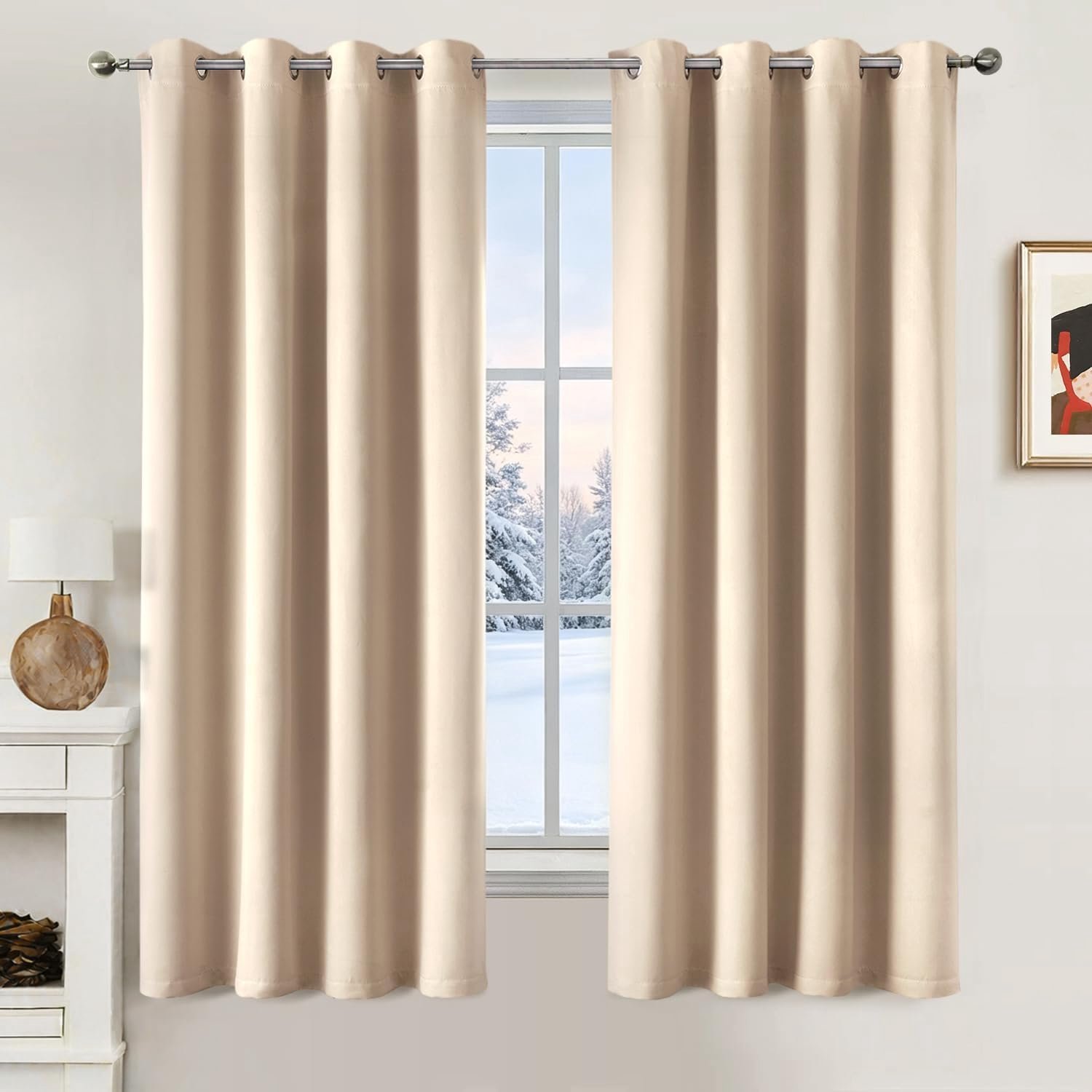Famanu Verduisterende gordijnen met thermische isolatie, set van 2 ondoorzichtige gordijnen voor koudebescherming in slaapkamer en woonkamer, 175x140 cm (HxB), donkerbeige