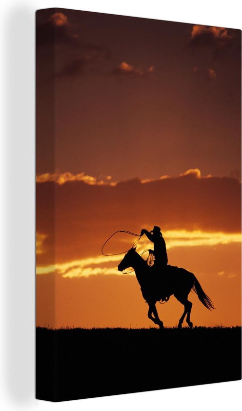 Canvas Schilderij Paard - Cowboy - Silhouet - 60x90 cm - Wanddecoratie