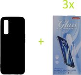 Realme 7 Pro TPU Silicone rubberen hoesje + 3 Stuks Tempered screenprotector - zwart