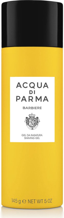 Gele scheergel met zwarte dop van Acqua Di Parma. Tekst: 'ACQUA DI PARMA BARBIERE GEL DA RASATURA SHAVING GEL 145 g NET WT 5 OZ'.