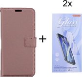 Bookcase Geschikt voor: Oppo A15 - Rosé Goud - portemonnee hoesje met 2 stuks Glas Screen protector
